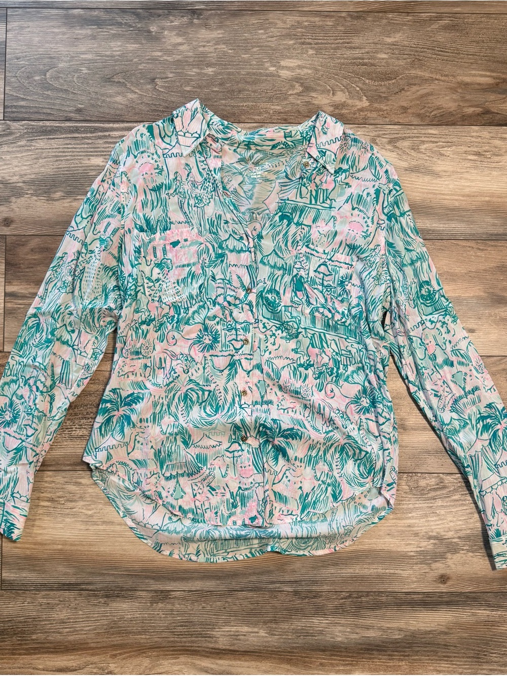 Lilly Pulitzer Pink & Teal Tropical Print Button-Down Shirt